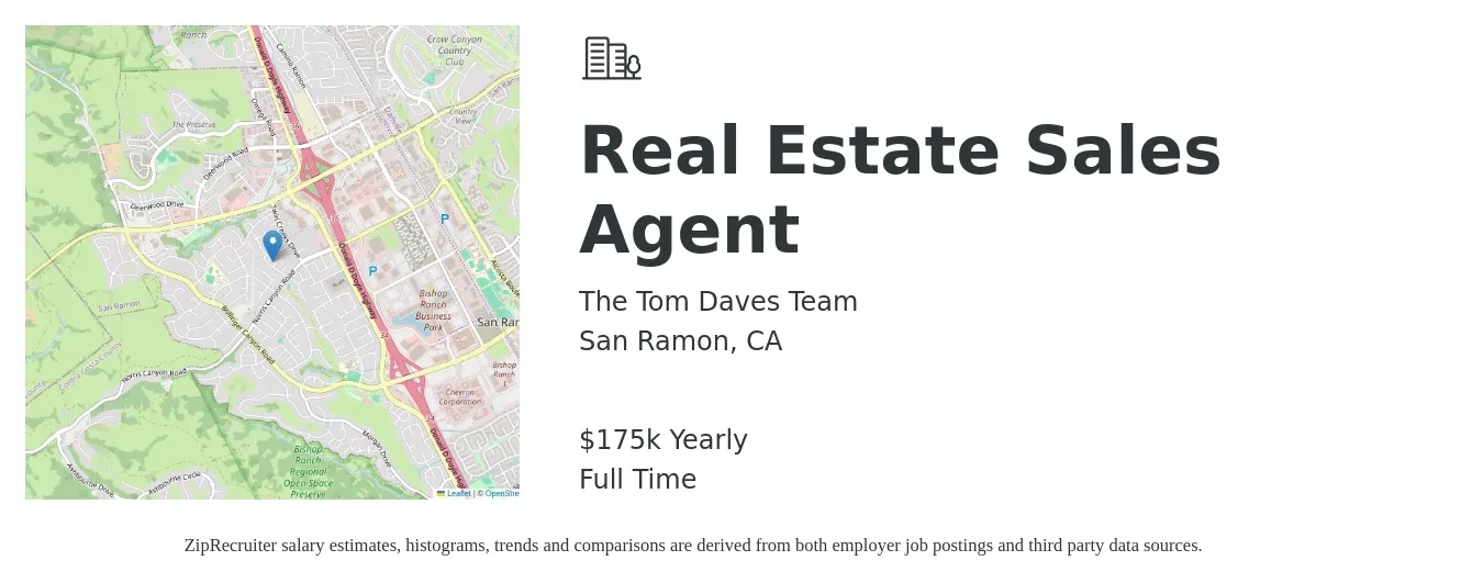 The Tom Daves Team job posting for a Real Estate Sales Agent in San Ramon, CA with a salary of $175,000 Yearly with a map of San Ramon location.