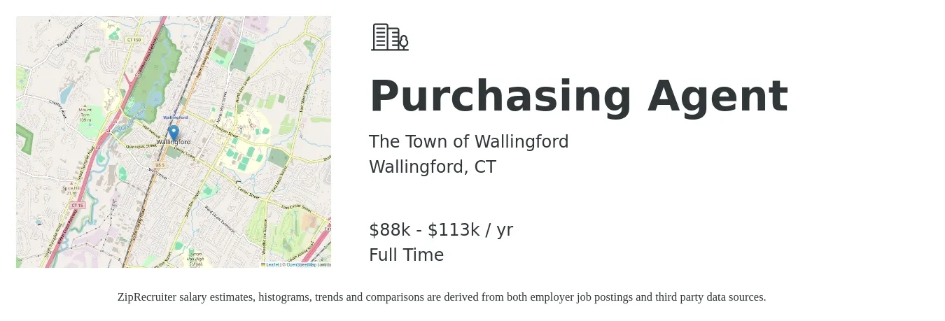 The Town of Wallingford job posting for a Purchasing Agent in Wallingford, CT with a salary of $88,811 to $113,630 Yearly with a map of Wallingford location.