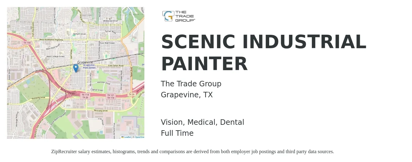 The Trade Group job posting for a SCENIC INDUSTRIAL PAINTER in Grapevine, TX with a salary of $17 to $23 Hourly and benefits including retirement, vision, dental, life_insurance, medical, and pto with a map of Grapevine location.