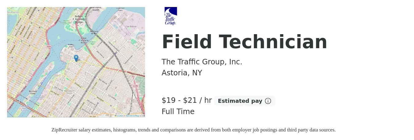 The Traffic Group, Inc. job posting for a Field Technician in Astoria, NY with a salary of $20 to $22 Hourly with a map of Astoria location.