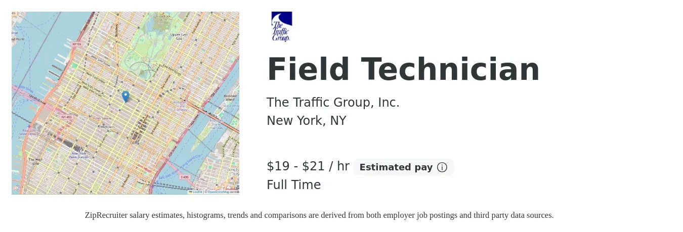 The Traffic Group, Inc. job posting for a Field Technician in New York, NY with a salary of $20 to $22 Hourly with a map of New York location.