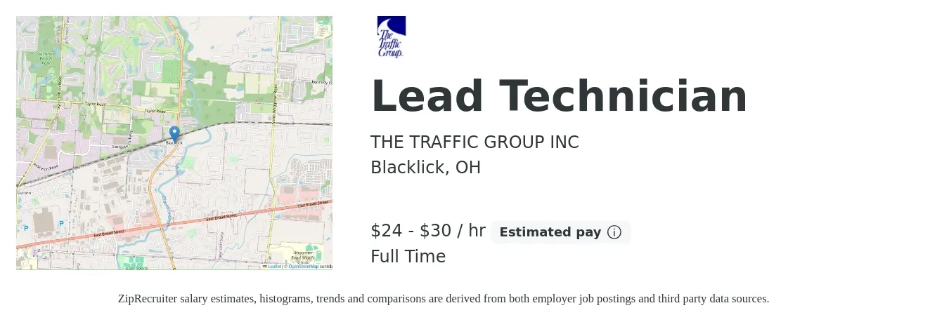 The Traffic Group, Inc. job posting for a Lead Technician in Blacklick, OH with a salary of $25 to $32 Hourly with a map of Blacklick location.