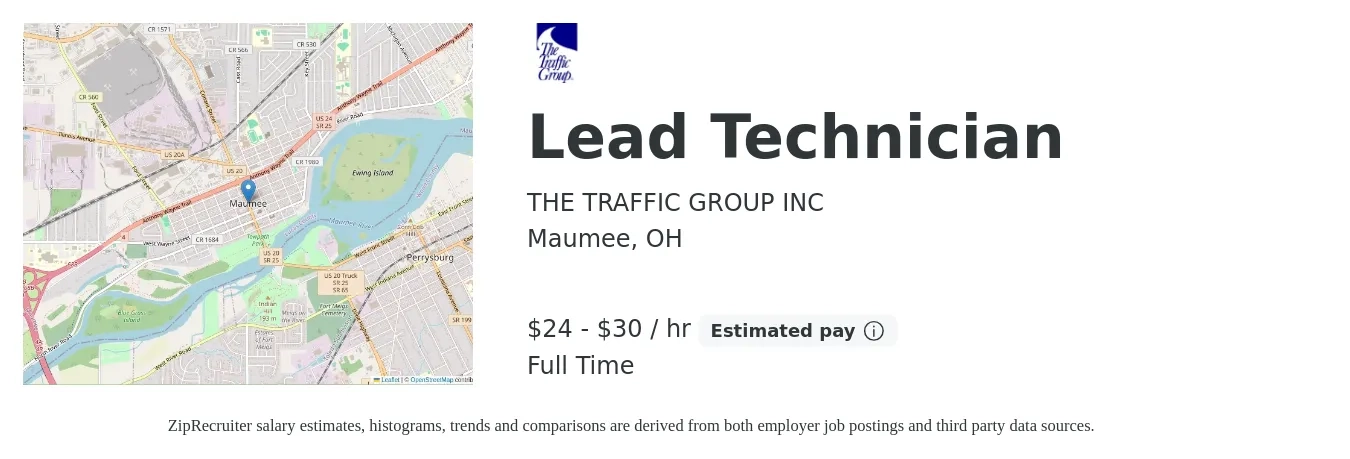 The Traffic Group, Inc. job posting for a Lead Technician in Maumee, OH with a salary of $25 to $32 Hourly with a map of Maumee location.