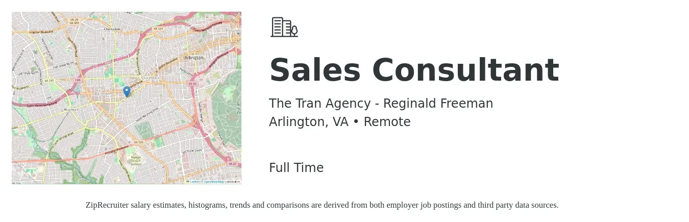 The Tran Agency - Reginald Freeman job posting for a Sales Consultant in Arlington, VA with a salary of $4,100 to $8,800 Monthly with a map of Arlington location.