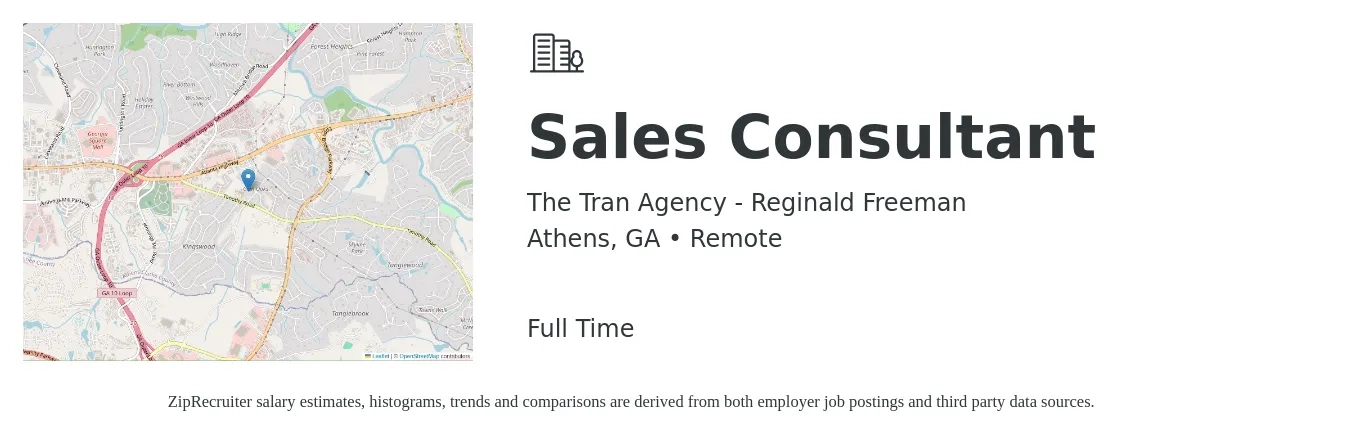 The Tran Agency - Reginald Freeman job posting for a Sales Consultant in Athens, GA with a salary of $4,100 to $8,800 Monthly with a map of Athens location.