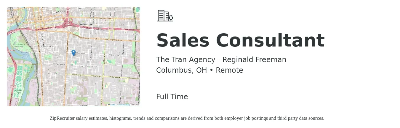 The Tran Agency - Reginald Freeman job posting for a Sales Consultant in Columbus, OH with a salary of $4,100 to $8,800 Monthly with a map of Columbus location.