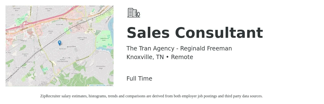 The Tran Agency - Reginald Freeman job posting for a Sales Consultant in Knoxville, TN with a salary of $4,100 to $8,800 Monthly with a map of Knoxville location.