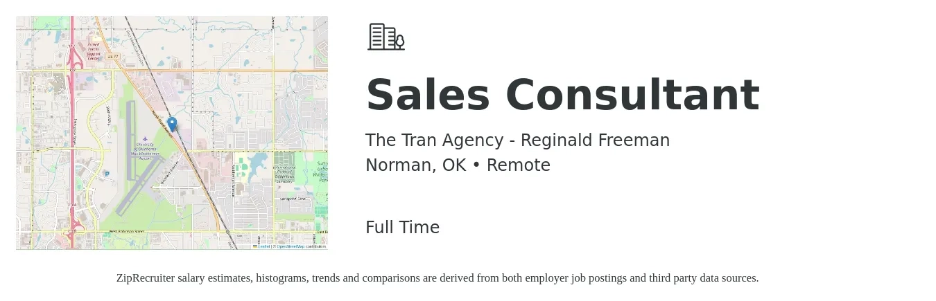 The Tran Agency - Reginald Freeman job posting for a Sales Consultant in Norman, OK with a salary of $4,100 to $8,800 Monthly with a map of Norman location.