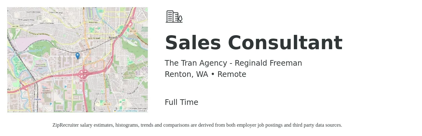 The Tran Agency - Reginald Freeman job posting for a Sales Consultant in Renton, WA with a salary of $4,100 to $8,800 Monthly with a map of Renton location.