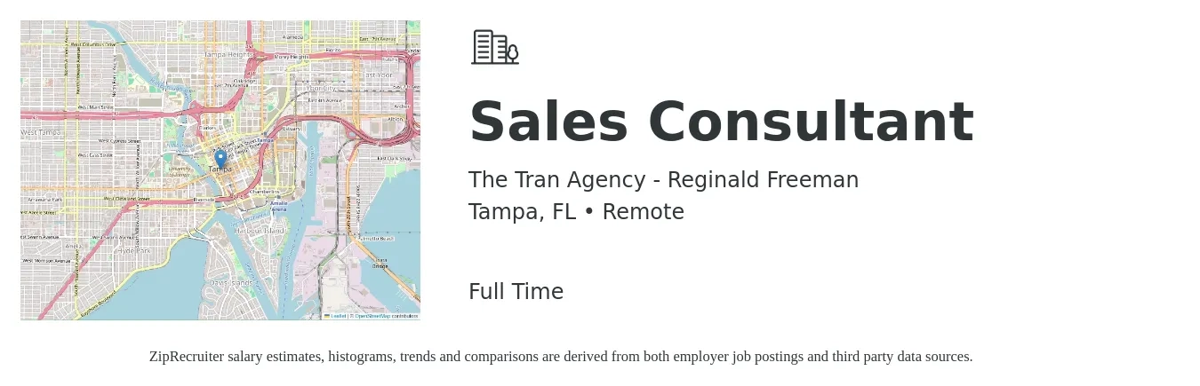 The Tran Agency - Reginald Freeman job posting for a Sales Consultant in Tampa, FL with a salary of $4,100 to $8,800 Monthly with a map of Tampa location.
