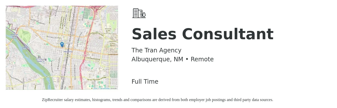 The Tran Agency job posting for a Sales Consultant in Albuquerque, NM with a salary of $4,100 to $8,800 Monthly with a map of Albuquerque location.