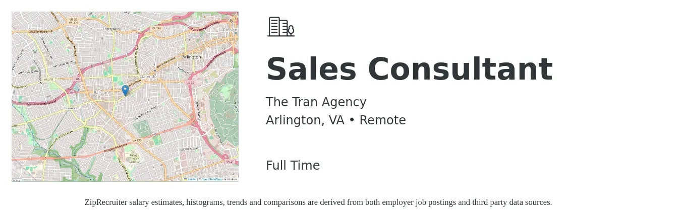 The Tran Agency job posting for a Sales Consultant in Arlington, VA with a salary of $4,100 to $8,800 Monthly with a map of Arlington location.