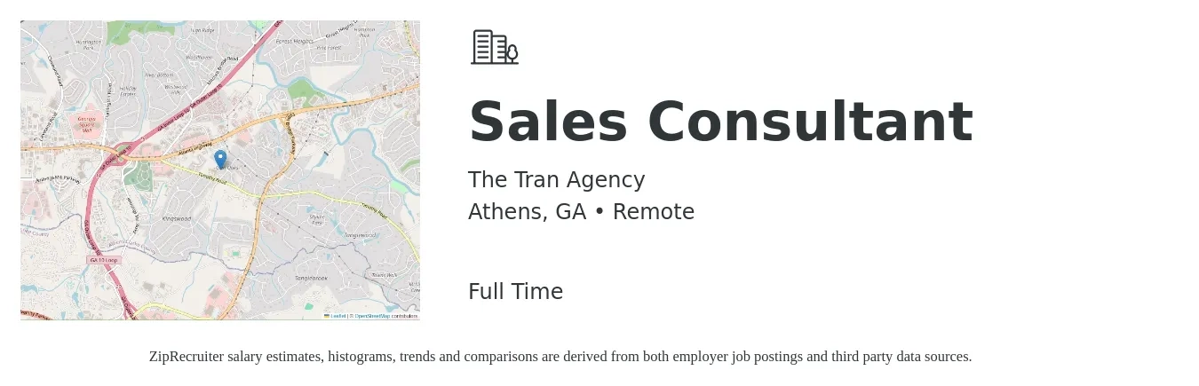 The Tran Agency job posting for a Sales Consultant in Athens, GA with a salary of $4,100 to $8,800 Monthly with a map of Athens location.