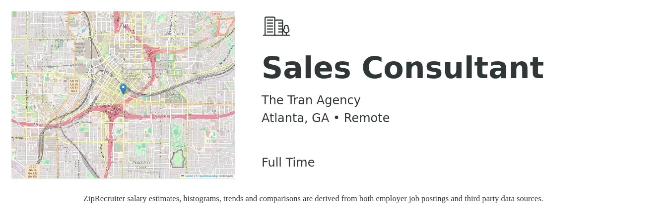 The Tran Agency job posting for a Sales Consultant in Atlanta, GA with a salary of $4,100 to $8,800 Monthly with a map of Atlanta location.