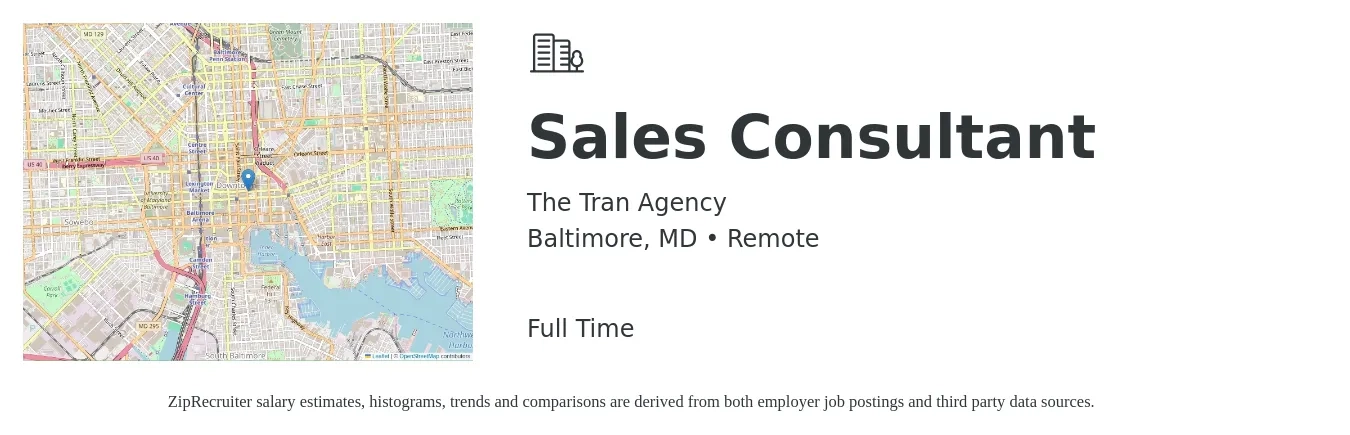 The Tran Agency job posting for a Sales Consultant in Baltimore, MD with a salary of $4,100 to $8,800 Monthly with a map of Baltimore location.