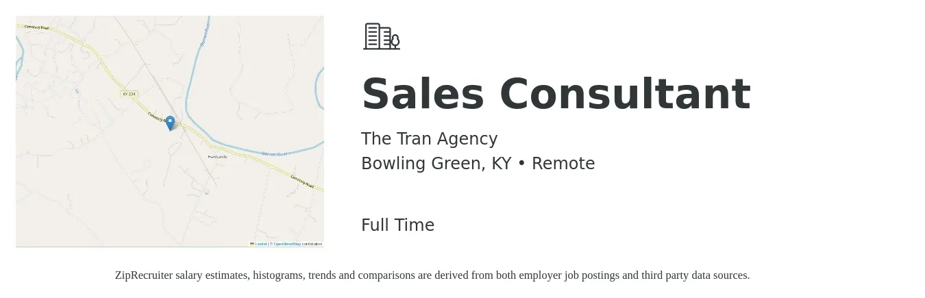 The Tran Agency job posting for a Sales Consultant in Bowling Green, KY with a salary of $4,100 to $8,800 Monthly with a map of Bowling Green location.