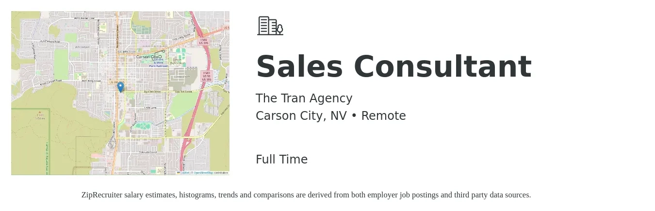 The Tran Agency job posting for a Sales Consultant in Carson City, NV with a salary of $4,100 to $8,800 Monthly with a map of Carson City location.