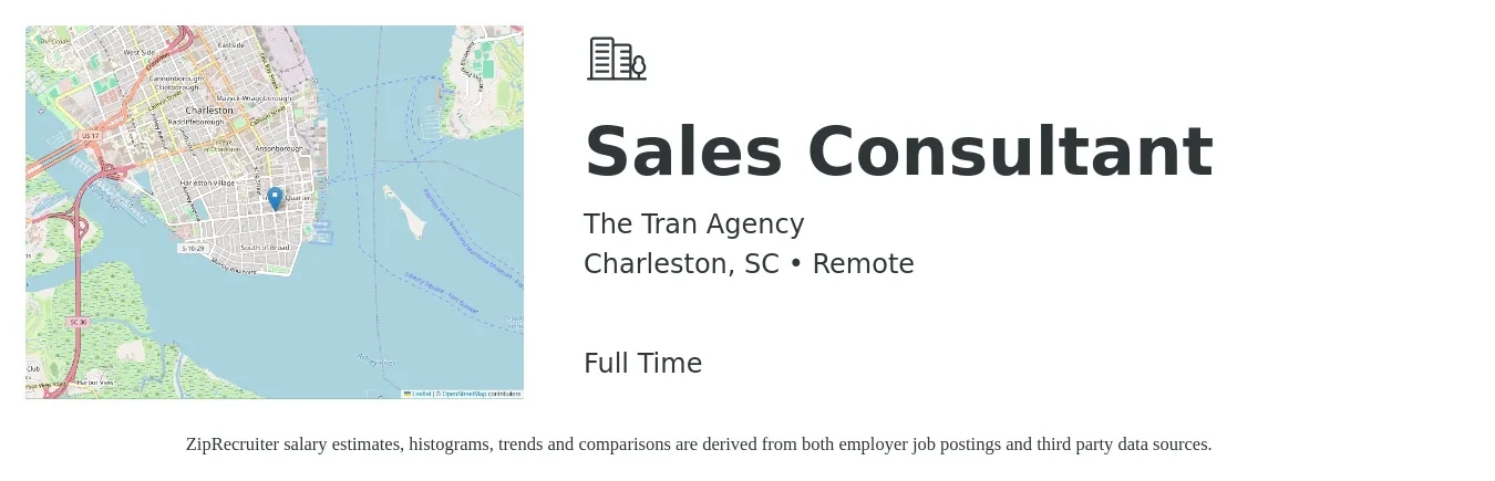 The Tran Agency job posting for a Sales Consultant in Charleston, SC with a salary of $4,100 to $8,800 Monthly with a map of Charleston location.