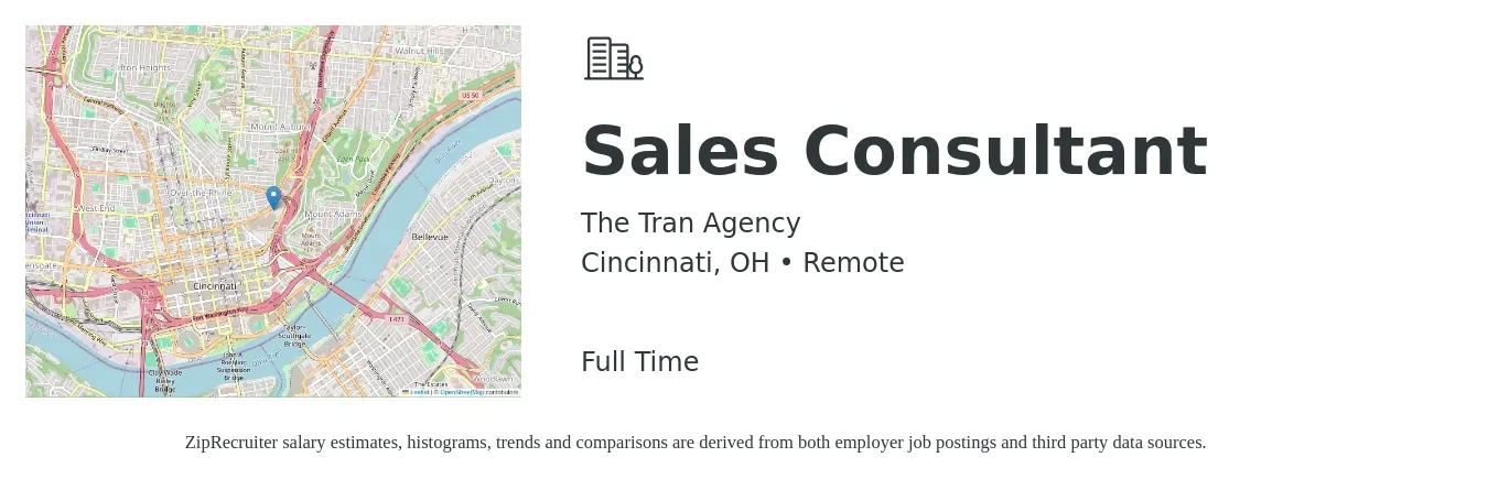 The Tran Agency job posting for a Sales Consultant in Cincinnati, OH with a salary of $4,100 to $8,800 Monthly with a map of Cincinnati location.