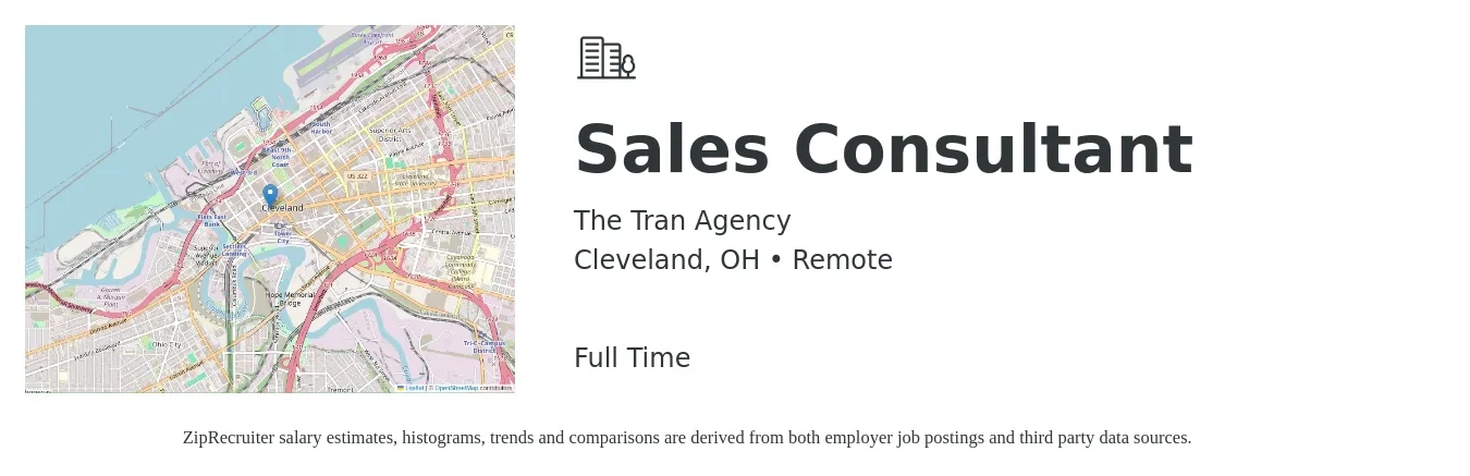 The Tran Agency job posting for a Sales Consultant in Cleveland, OH with a salary of $4,100 to $8,800 Monthly with a map of Cleveland location.