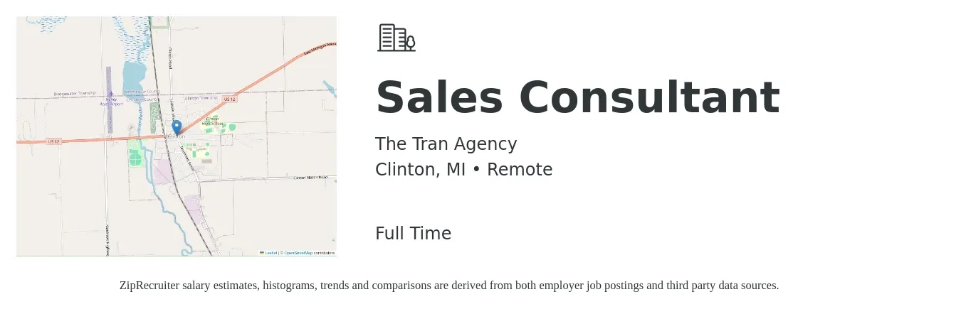 The Tran Agency job posting for a Sales Consultant in Clinton, MI with a salary of $4,100 to $8,800 Monthly with a map of Clinton location.