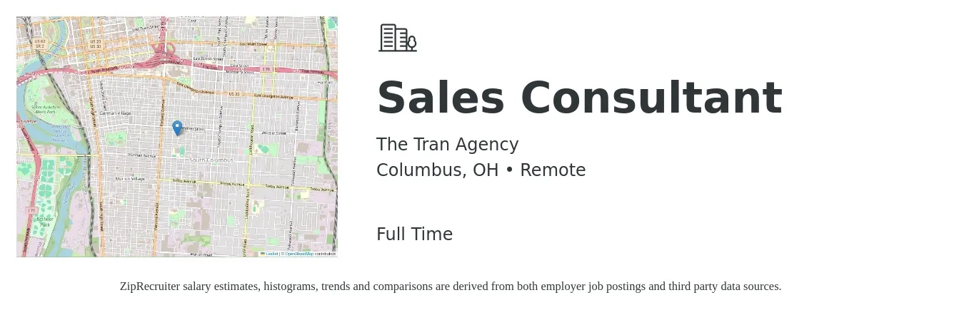 The Tran Agency job posting for a Sales Consultant in Columbus, OH with a salary of $4,100 to $8,800 Monthly with a map of Columbus location.