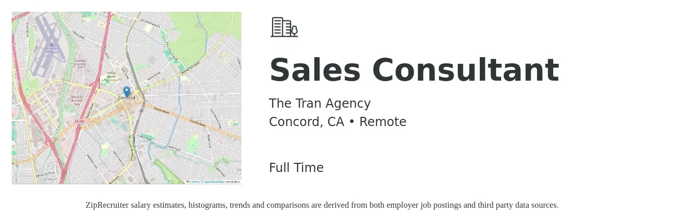 The Tran Agency job posting for a Sales Consultant in Concord, CA with a salary of $4,100 to $8,800 Monthly with a map of Concord location.