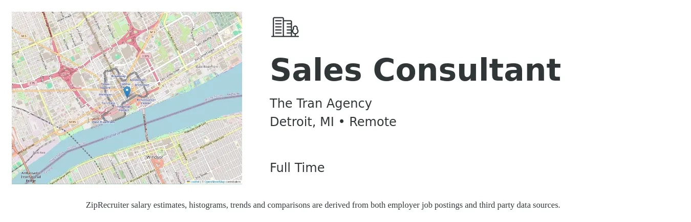 The Tran Agency job posting for a Sales Consultant in Detroit, MI with a salary of $4,100 to $8,800 Monthly with a map of Detroit location.