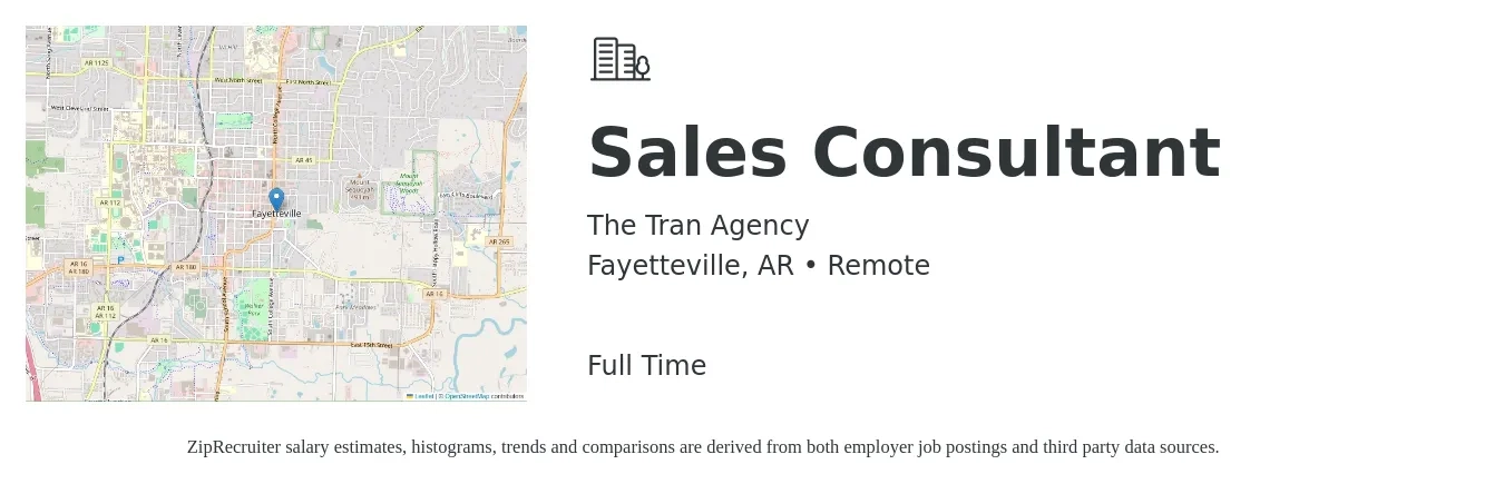 The Tran Agency job posting for a Sales Consultant in Fayetteville, AR with a salary of $4,100 to $8,800 Monthly with a map of Fayetteville location.