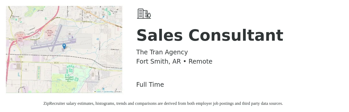 The Tran Agency job posting for a Sales Consultant in Fort Smith, AR with a salary of $4,100 to $8,800 Monthly with a map of Fort Smith location.