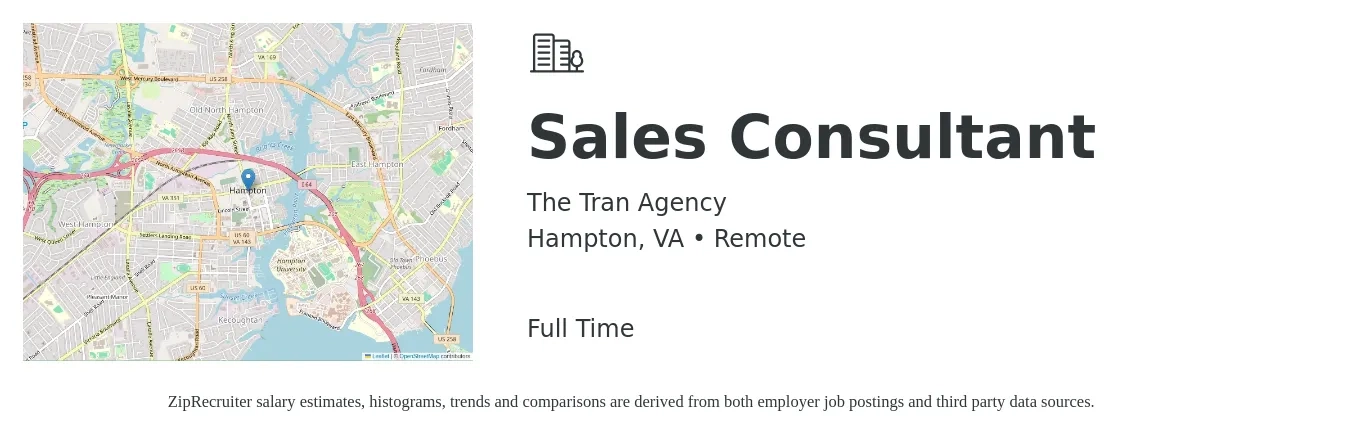 The Tran Agency job posting for a Sales Consultant in Hampton, VA with a salary of $4,100 to $8,800 Monthly with a map of Hampton location.