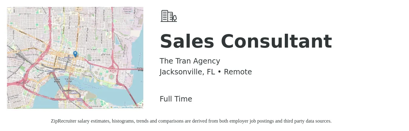 The Tran Agency job posting for a Sales Consultant in Jacksonville, FL with a salary of $4,100 to $8,800 Monthly with a map of Jacksonville location.