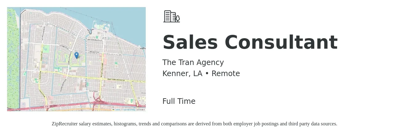 The Tran Agency job posting for a Sales Consultant in Kenner, LA with a salary of $4,100 to $8,800 Monthly with a map of Kenner location.