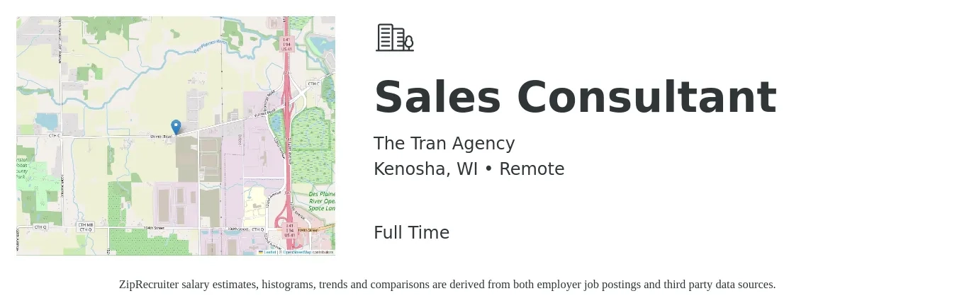 The Tran Agency job posting for a Sales Consultant in Kenosha, WI with a salary of $4,100 to $8,800 Monthly with a map of Kenosha location.