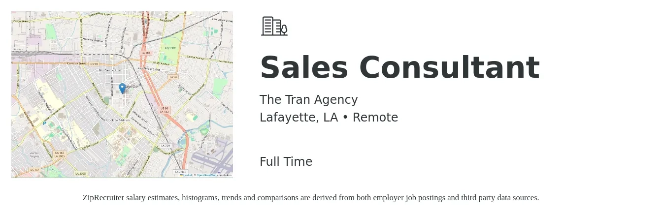 The Tran Agency job posting for a Sales Consultant in Lafayette, LA with a salary of $4,100 to $8,800 Monthly with a map of Lafayette location.