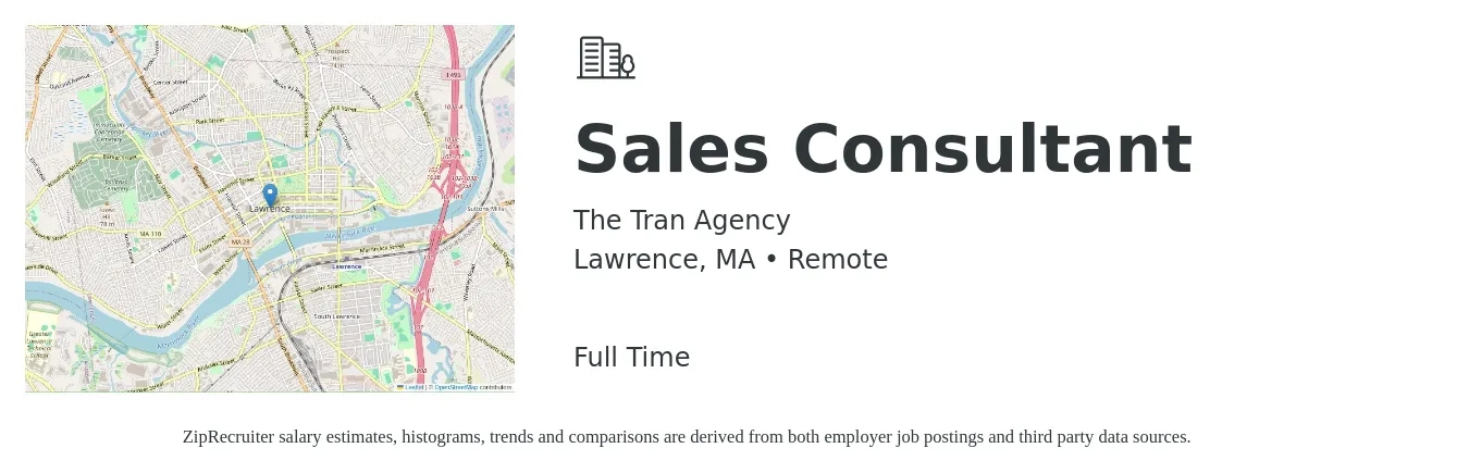 The Tran Agency job posting for a Sales Consultant in Lawrence, MA with a salary of $4,100 to $8,800 Monthly with a map of Lawrence location.