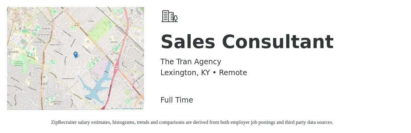 The Tran Agency job posting for a Sales Consultant in Lexington, KY with a salary of $4,100 to $8,800 Monthly with a map of Lexington location.