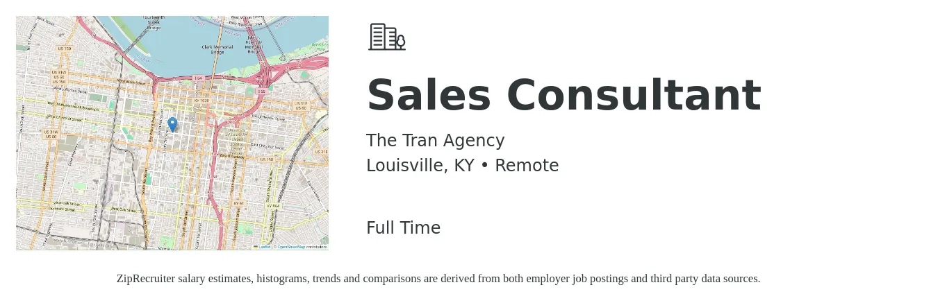 The Tran Agency job posting for a Sales Consultant in Louisville, KY with a salary of $4,100 to $8,800 Monthly with a map of Louisville location.