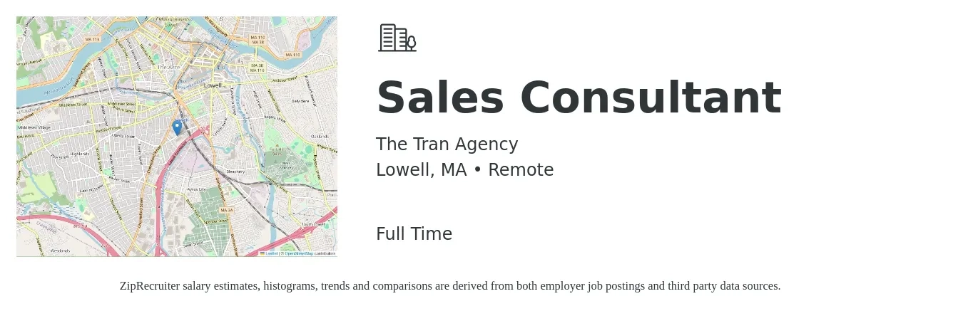 The Tran Agency job posting for a Sales Consultant in Lowell, MA with a salary of $4,100 to $8,800 Monthly with a map of Lowell location.