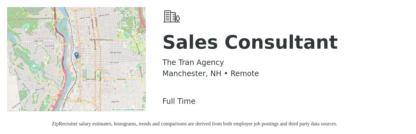 The Tran Agency job posting for a Sales Consultant in Manchester, NH with a salary of $4,100 to $8,800 Monthly with a map of Manchester location.