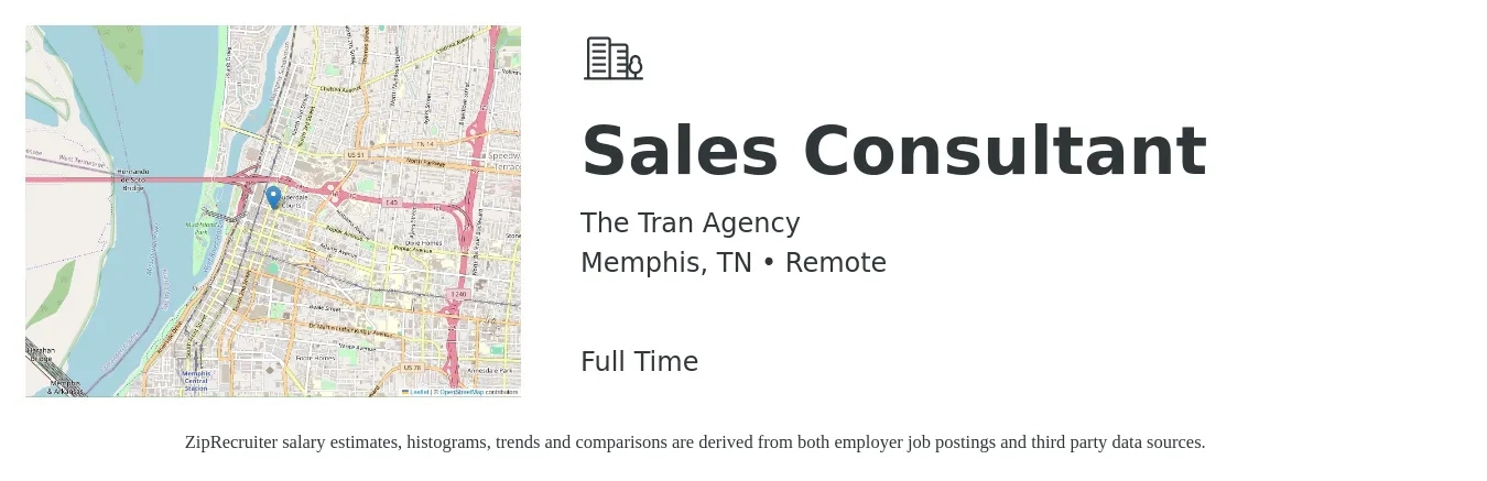 The Tran Agency job posting for a Sales Consultant in Memphis, TN with a salary of $4,100 to $8,800 Monthly with a map of Memphis location.