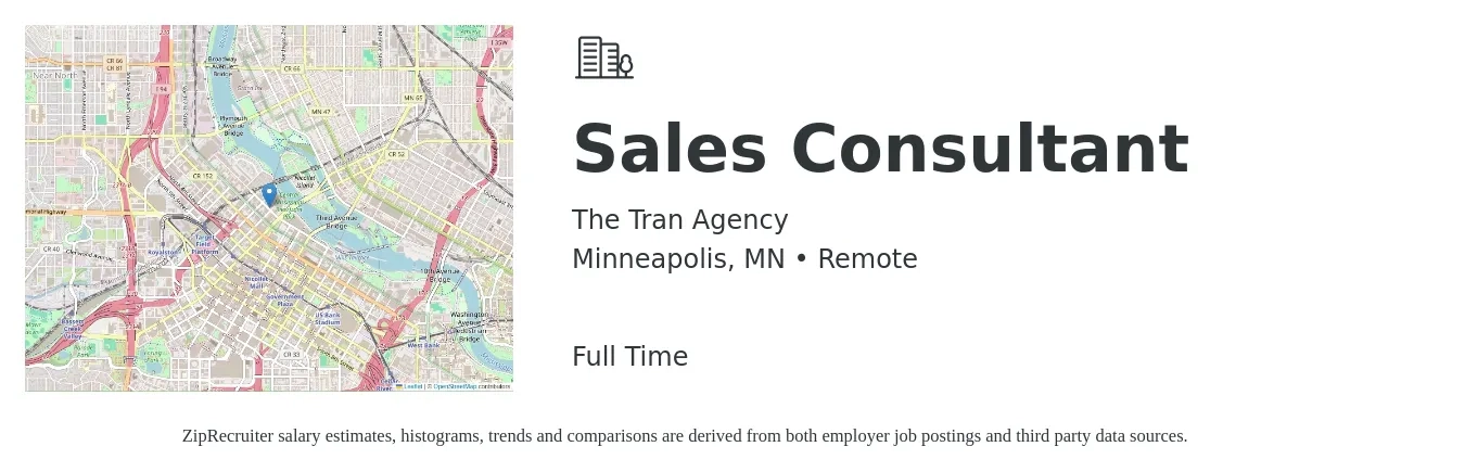 The Tran Agency job posting for a Sales Consultant in Minneapolis, MN with a salary of $4,100 to $8,800 Monthly with a map of Minneapolis location.