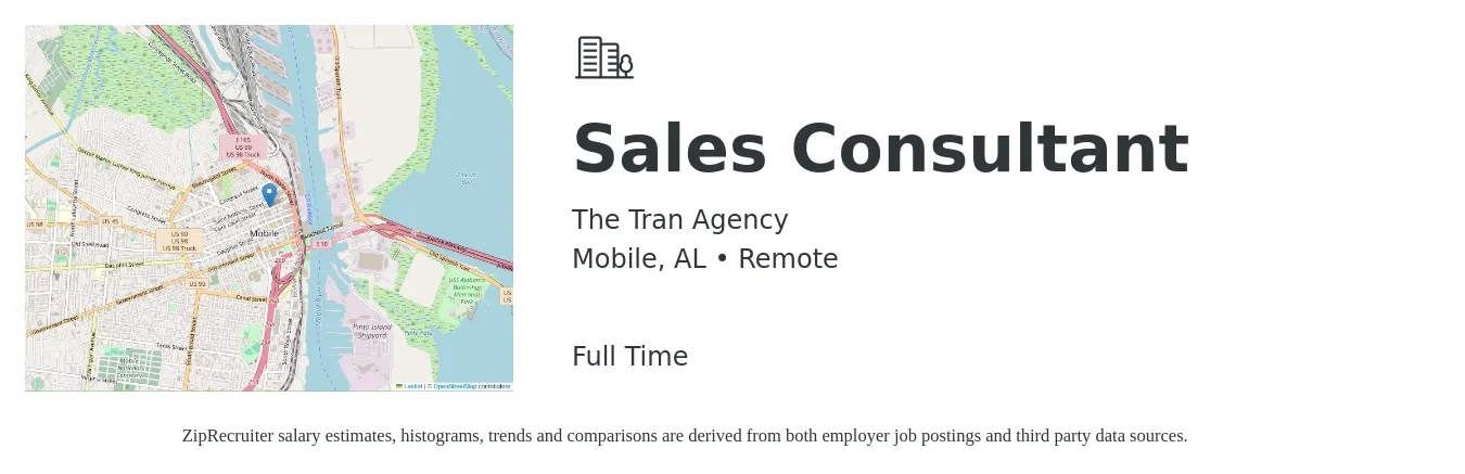 The Tran Agency job posting for a Sales Consultant in Mobile, AL with a salary of $4,100 to $8,800 Monthly with a map of Mobile location.