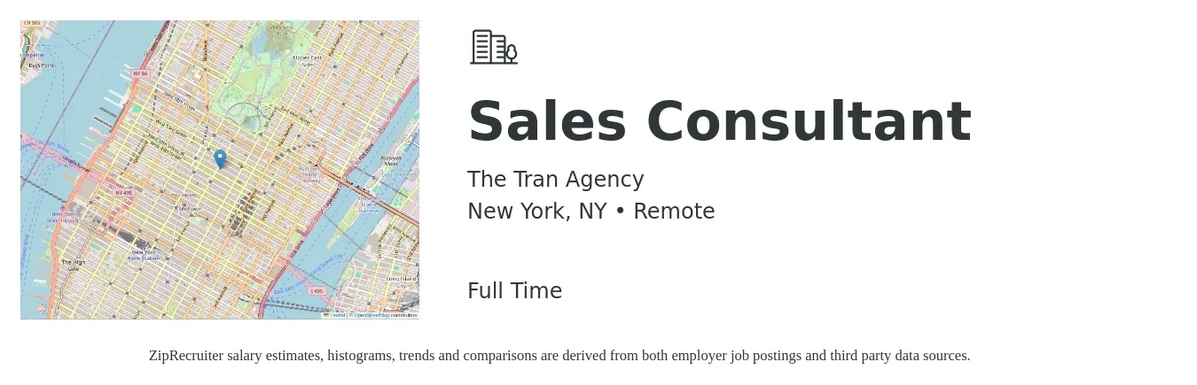 The Tran Agency job posting for a Sales Consultant in New York, NY with a salary of $4,100 to $8,800 Monthly with a map of New York location.