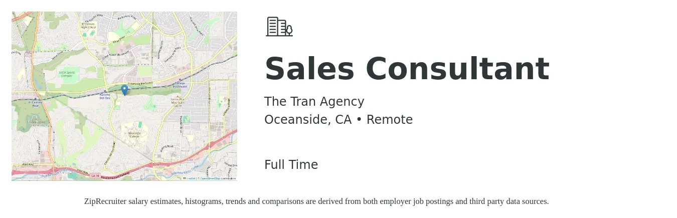 The Tran Agency job posting for a Sales Consultant in Oceanside, CA with a salary of $4,100 to $8,800 Monthly with a map of Oceanside location.