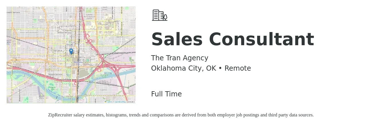 The Tran Agency job posting for a Sales Consultant in Oklahoma City, OK with a salary of $4,100 to $8,800 Monthly with a map of Oklahoma City location.