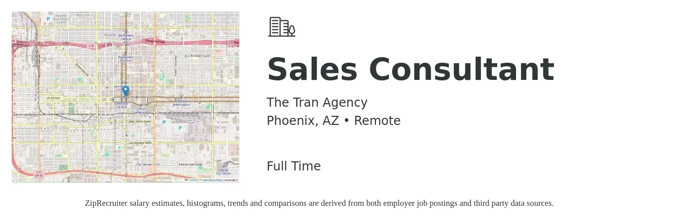 The Tran Agency job posting for a Sales Consultant in Phoenix, AZ with a salary of $4,100 to $8,800 Monthly with a map of Phoenix location.