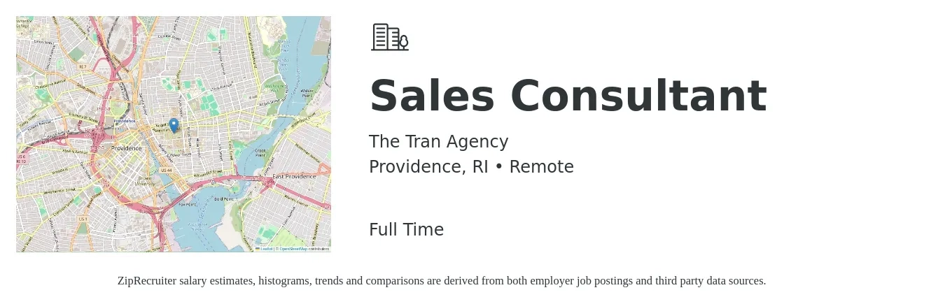 The Tran Agency job posting for a Sales Consultant in Providence, RI with a salary of $4,100 to $8,800 Monthly with a map of Providence location.