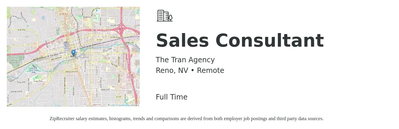 The Tran Agency job posting for a Sales Consultant in Reno, NV with a salary of $4,100 to $8,800 Monthly with a map of Reno location.