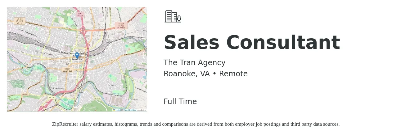 The Tran Agency job posting for a Sales Consultant in Roanoke, VA with a salary of $4,100 to $8,800 Monthly with a map of Roanoke location.